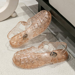 Crystal Flat Hollowed Sandals Roman Shoes Closed Toe Women's Sandals
