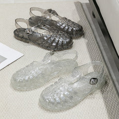 Crystal Flat Hollowed Sandals Roman Shoes Closed Toe Women's Sandals