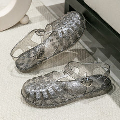 Crystal Flat Hollowed Sandals Roman Shoes Closed Toe Women's Sandals