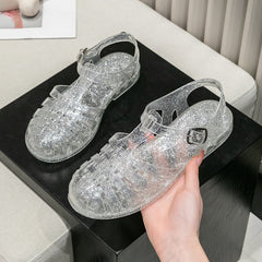 Crystal Flat Hollowed Sandals Roman Shoes Closed Toe Women's Sandals