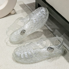 Crystal Flat Hollowed Sandals Roman Shoes Closed Toe Women's Sandals