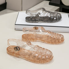 Crystal Flat Hollowed Sandals Roman Shoes Closed Toe Women's Sandals