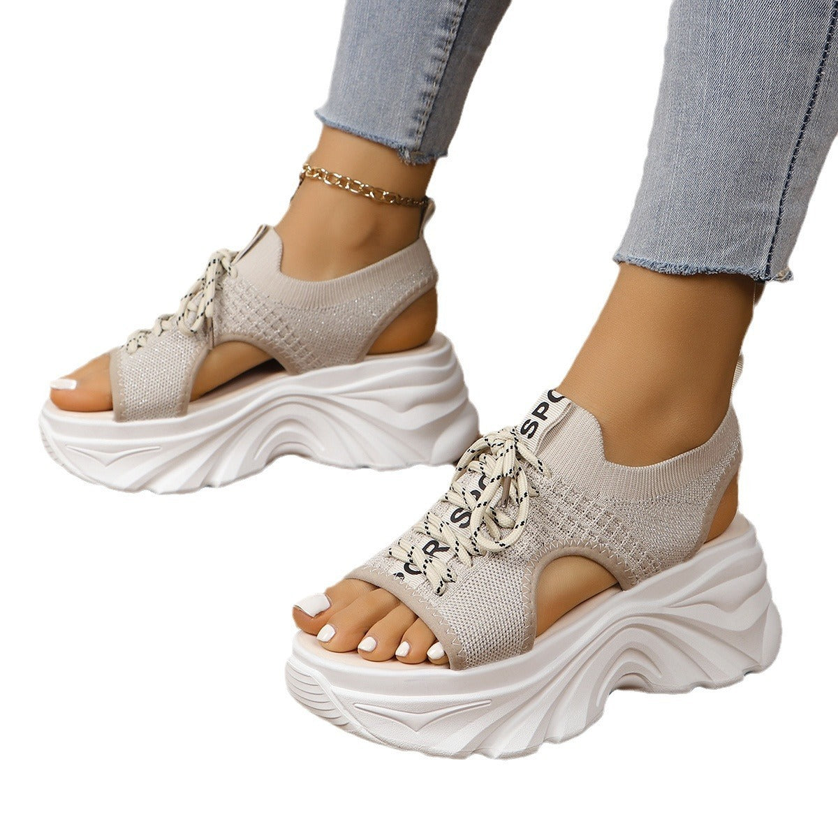 Women's Shoes Fashion Hollowed-out Mid Heel Mesh Sports Platform Sandals