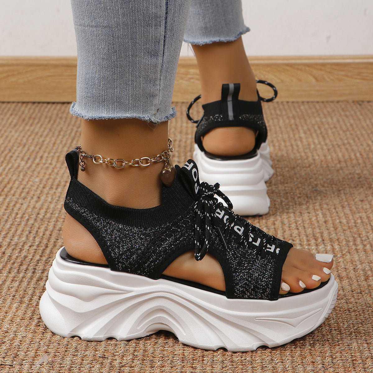 Women's Shoes Fashion Hollowed-out Mid Heel Mesh Sports Platform Sandals