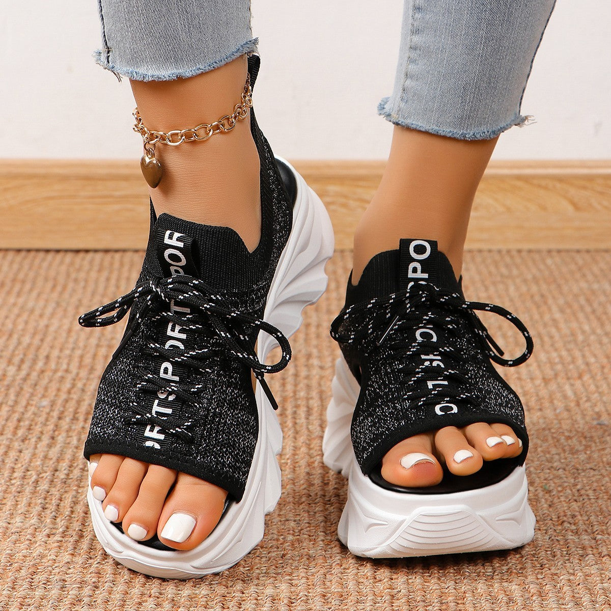 Women's Shoes Fashion Hollowed-out Mid Heel Mesh Sports Platform Sandals